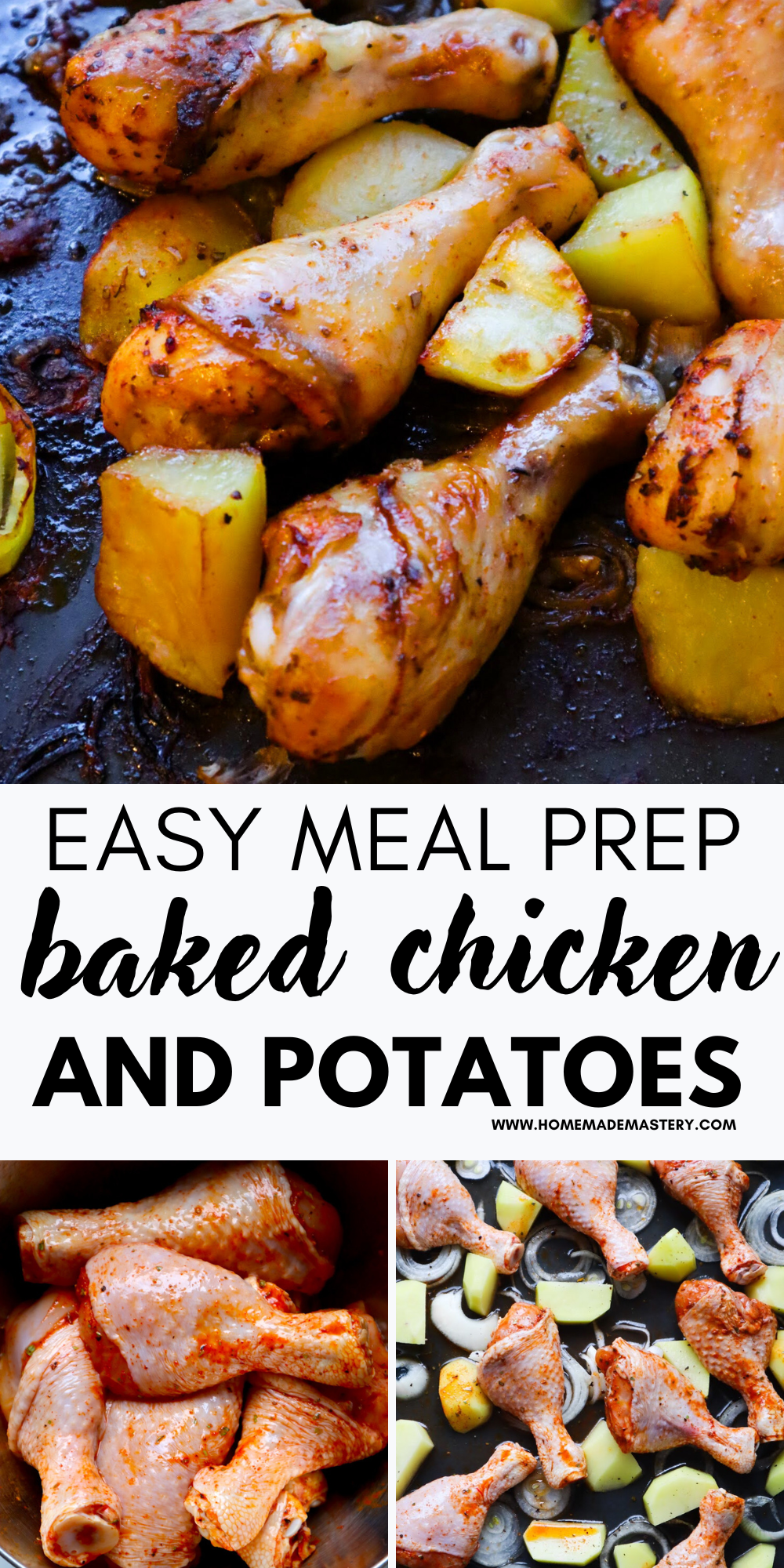 Looking for meal prep friendly healthy chicken dinner recipes that make themselves? This recipe for easy baked chicken drumsticks with potatoes is what you need.